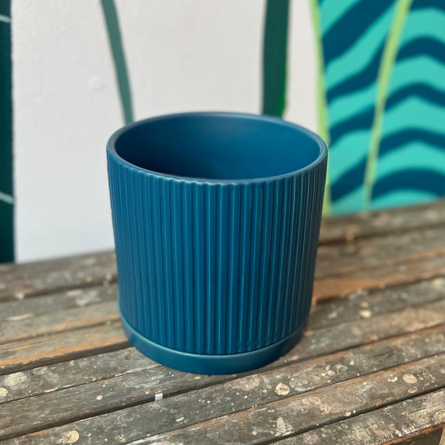 Ridged Ceramic Pot Blue